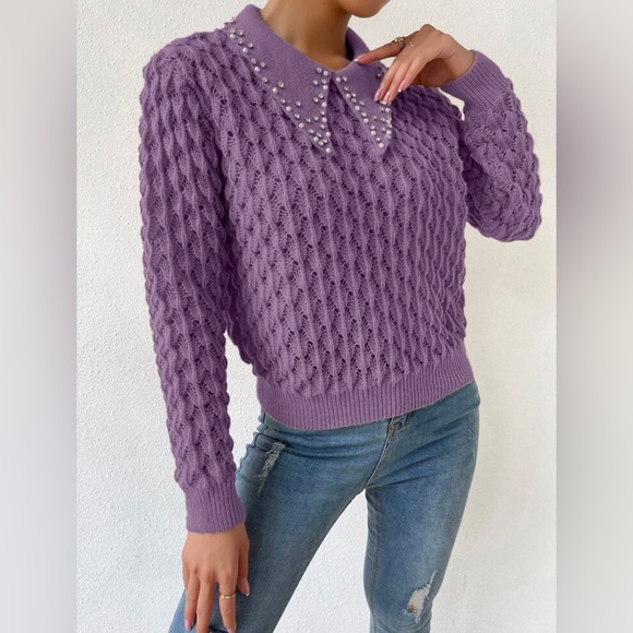Purple Pointelle Knit Rhinestone Faux Pearl Sweater - Picture 6 of 6